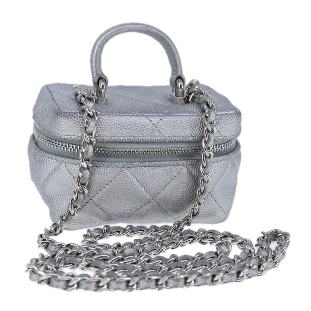 Chanel Classic Vanity Case With Chain Quilted Caviar Silver Leather Shoulder Bag